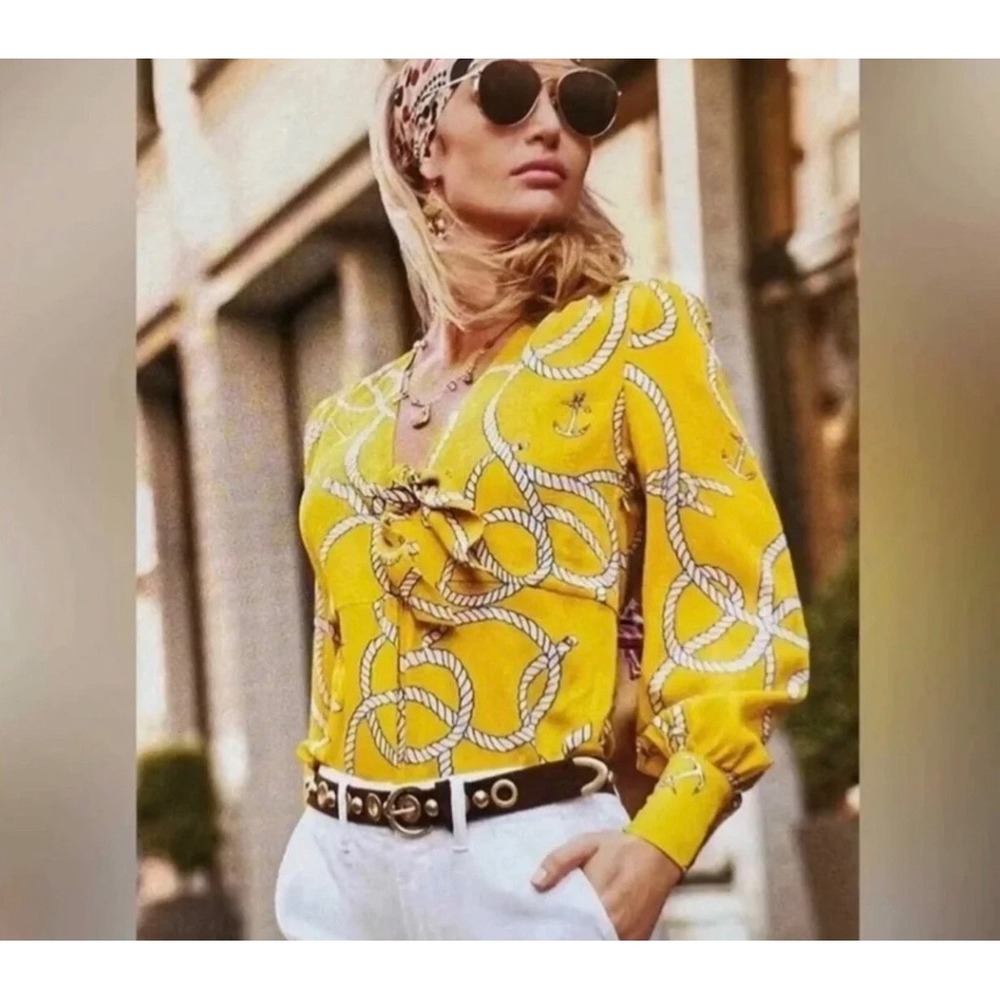 Cabi Maritime Top XS Yellow Nautical Rope Anchor Print Tie Front Side Zip